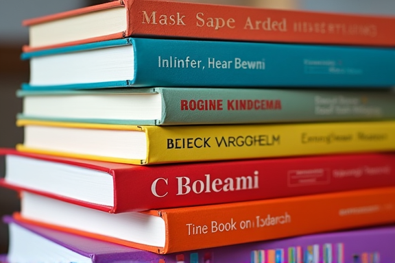 Colorful stack of books with printed titles on spines